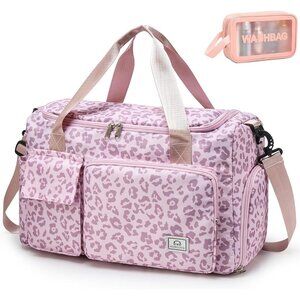 Women Pink Leaoopard Small Gym Carry On Weekender Travel Shoe Compartment Bag